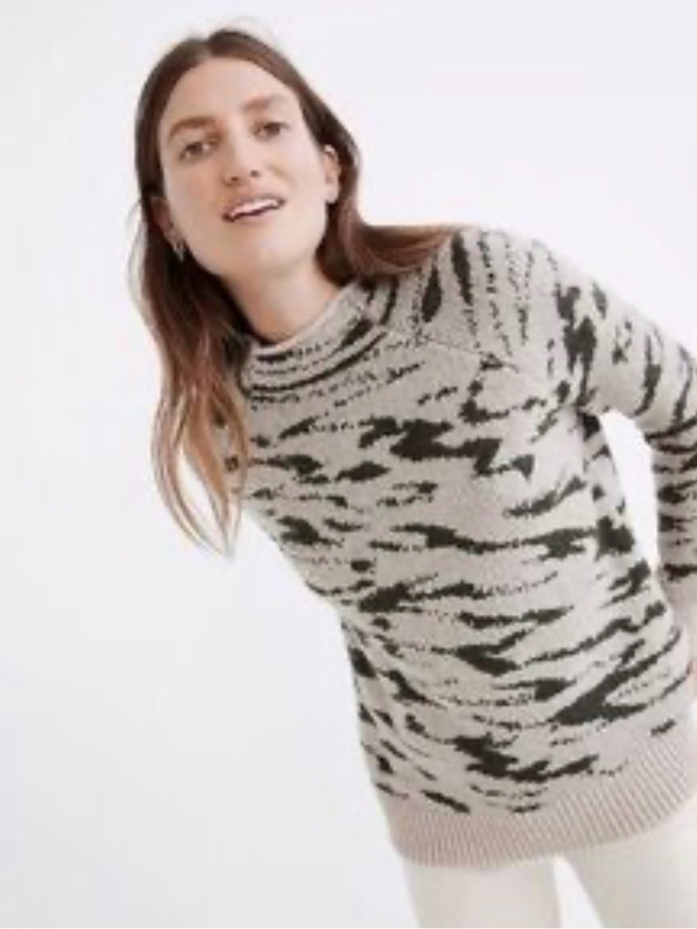 Madewell Beige and Dark Green Abstract Crewneck Sweater